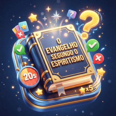 Ícone do mini app Quiz do Evangelho, com um livro dourado cercado de estrelas, um cronômetro de 20 segundos e sinais de acerto e erro.