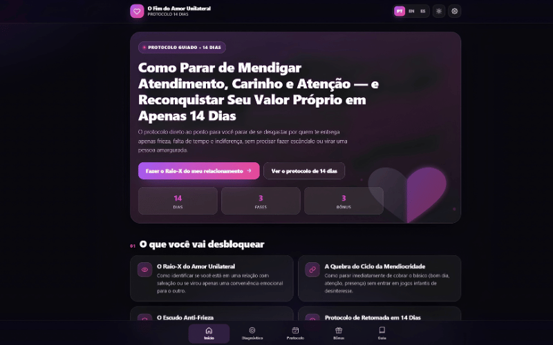 Tela inicial do mini app O Fim do Amor Unilateral, com o protocolo de 14 dias, 3 fases e 3 bônus.