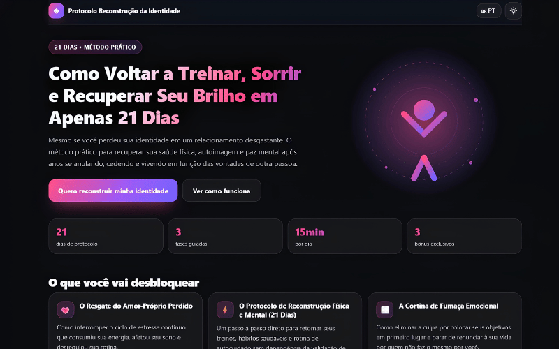 Tela inicial do Protocolo Reconstrução da Identidade, com o resumo de 21 dias, 3 fases guiadas e 3 bônus exclusivos.